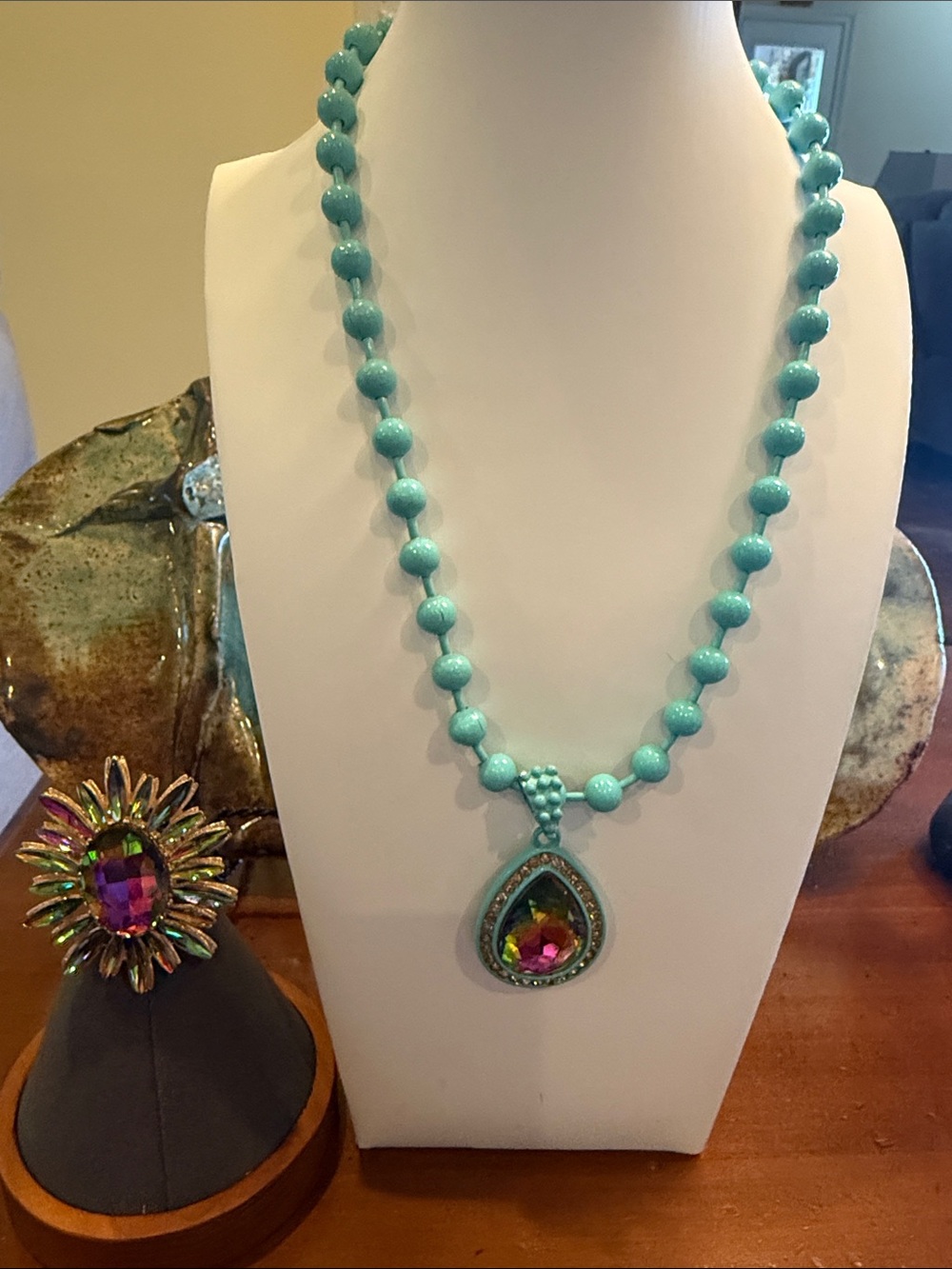 Turquoise Beaded Necklace with Multicolor Teardrop Pendant